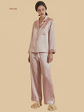 Lotus root pink 30mm silk pajama shirt set front view with clean notched collar and full-length pants