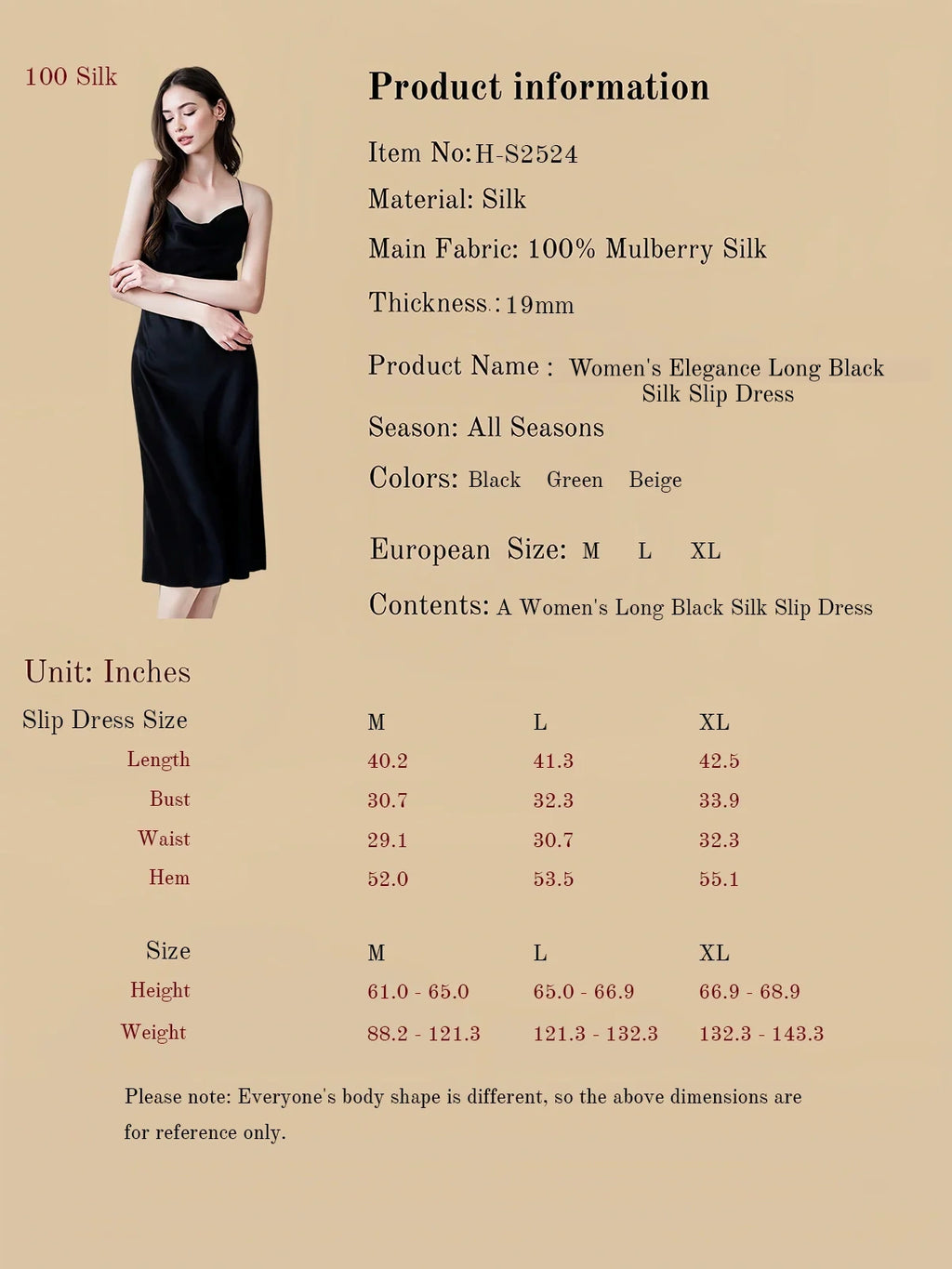 Women's Elegance Long Black Silk Slip Dress