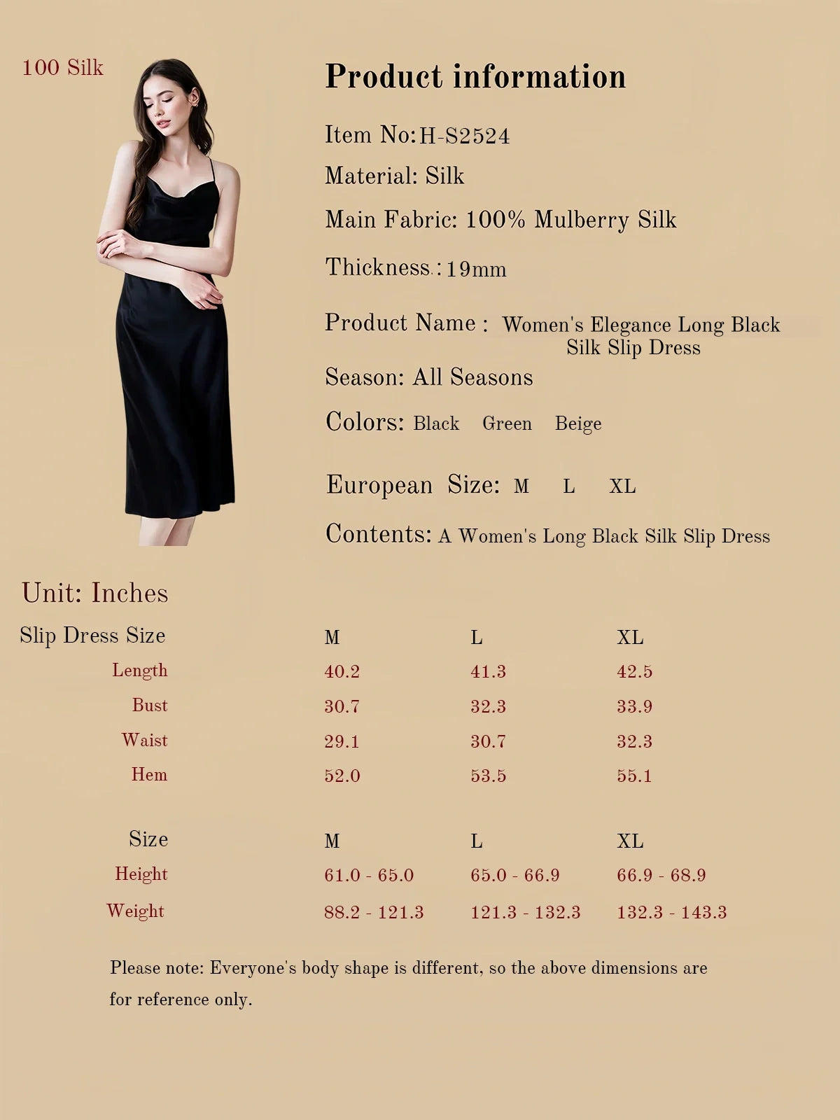 Women's Elegance Long Black Silk Slip Dress