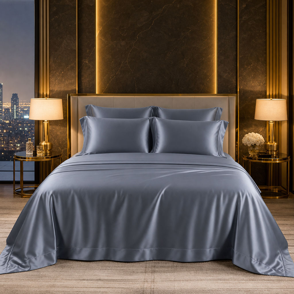 35 momme blue grey mulberry silk bedding set in a luxury Middle East penthouse bedroom