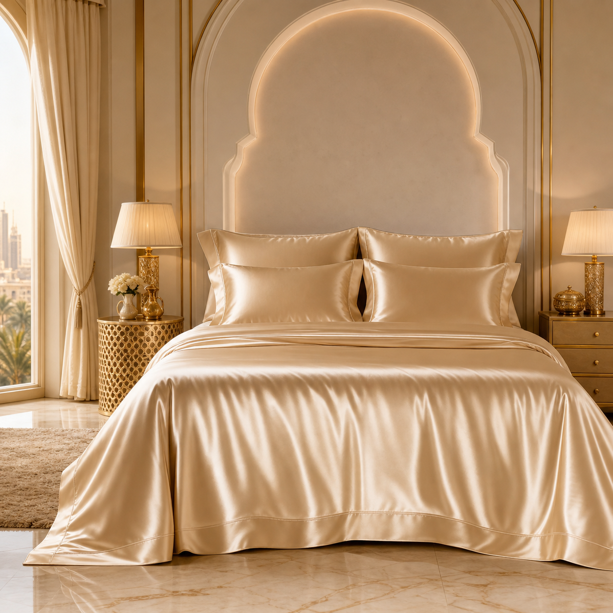 35 momme champagne gold mulberry silk bedding set in a luxury Middle East master bedroom