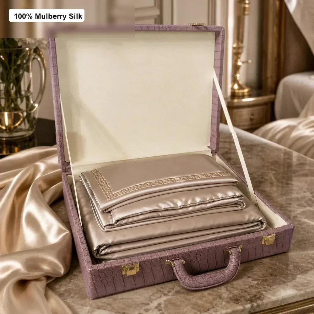 Folded 35 momme mulberry silk bedding set presented in a luxury SilkGala gift box