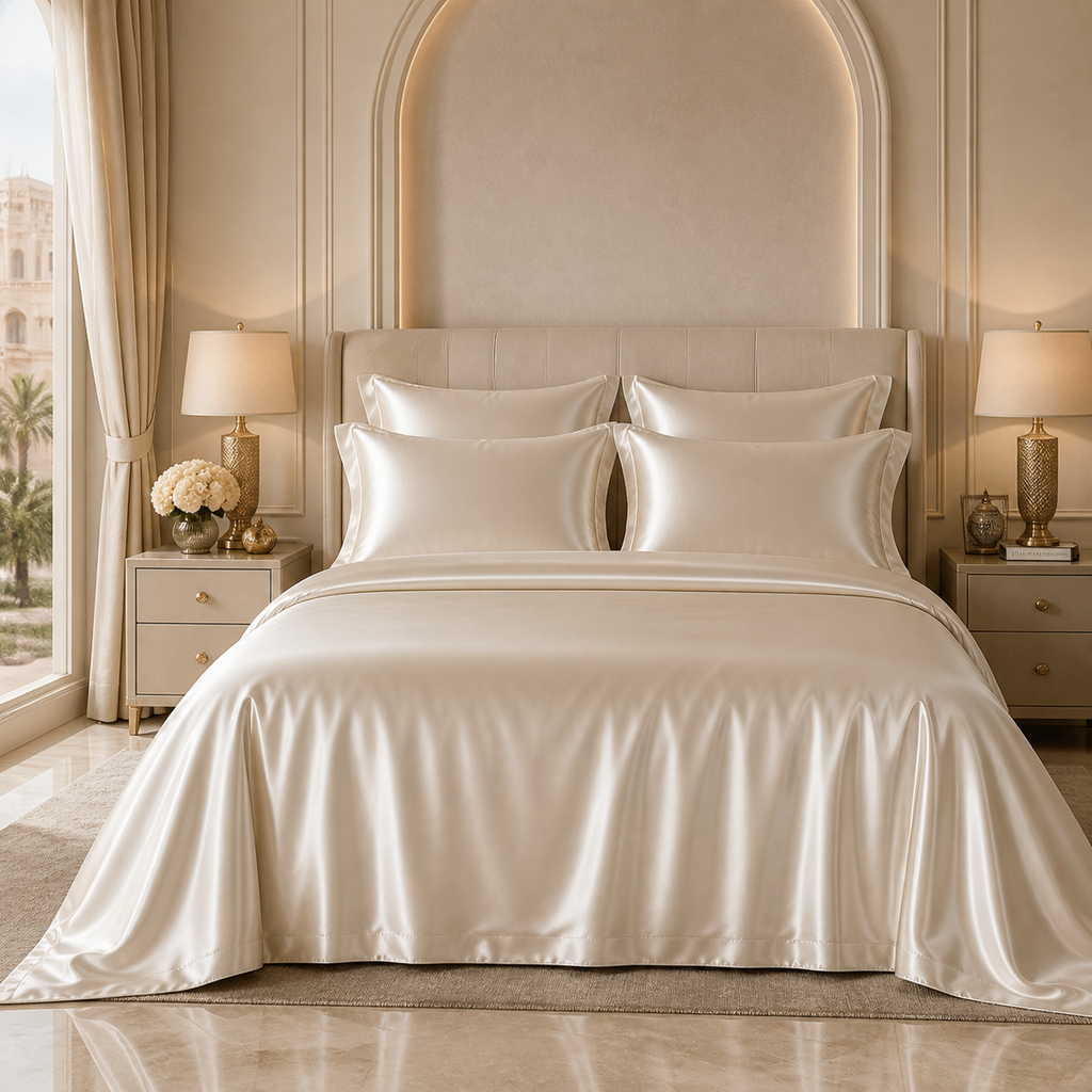 35 momme ivory gold beige white gold mulberry silk bedding set in a luxury Middle East bedroom