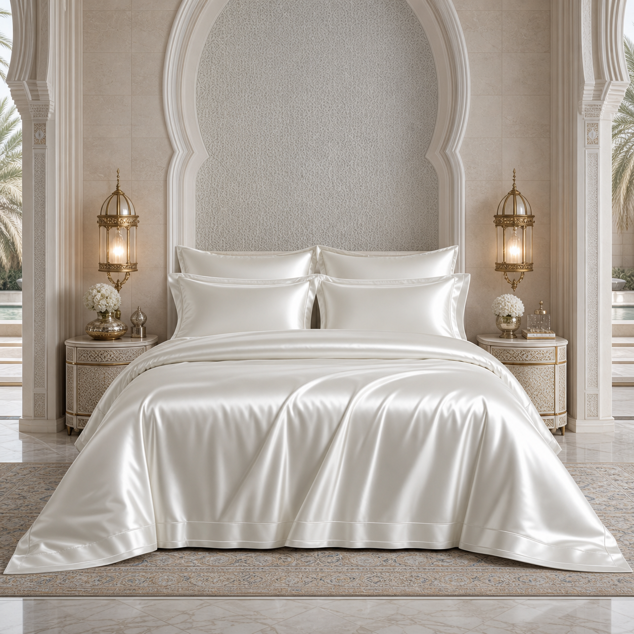 35 momme pearl white mulberry silk bedding set in a refined palace suite bedroom