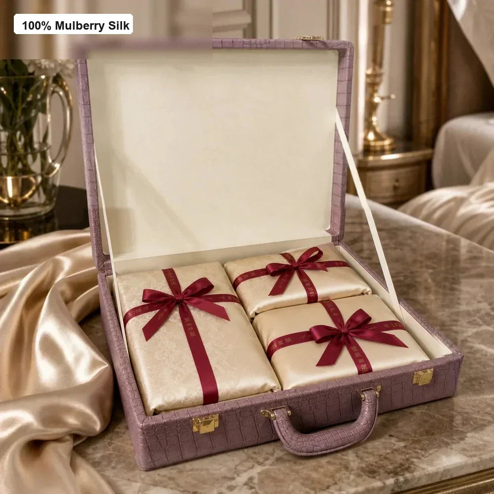 Ribbon wrapped 35 momme mulberry silk bedding gift set in a premium SilkGala gift box