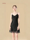 black silk nightgown with lace V neckline front view