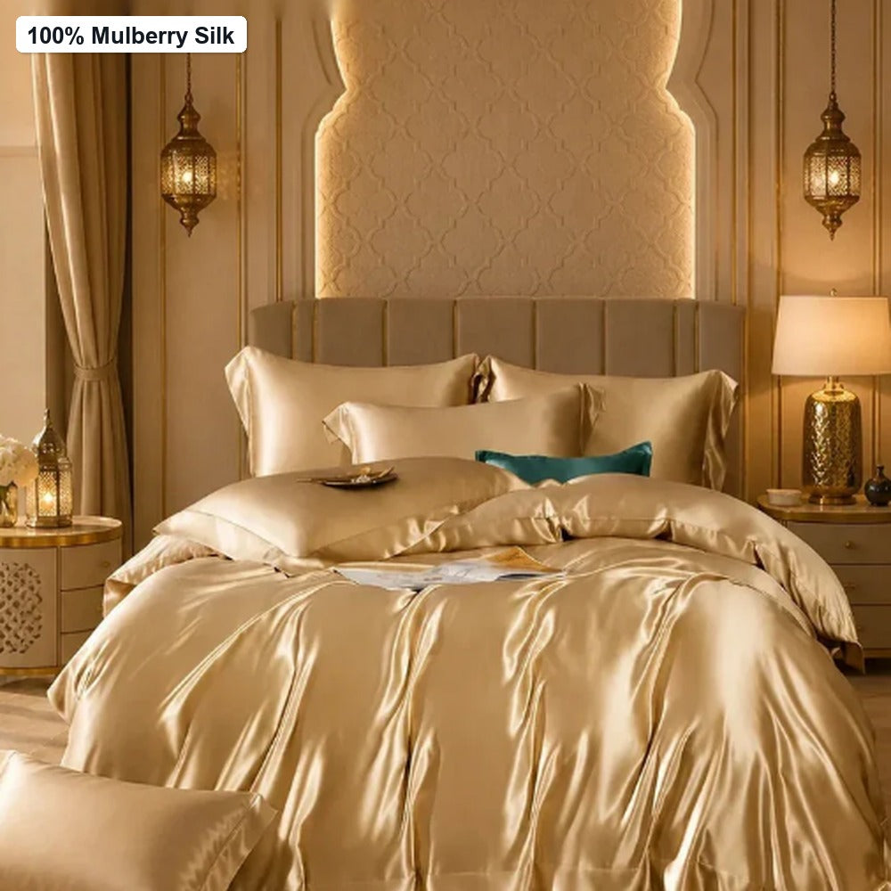 Apricot 40 momme mulberry silk 4-piece bedding set for luxury Middle East bedrooms