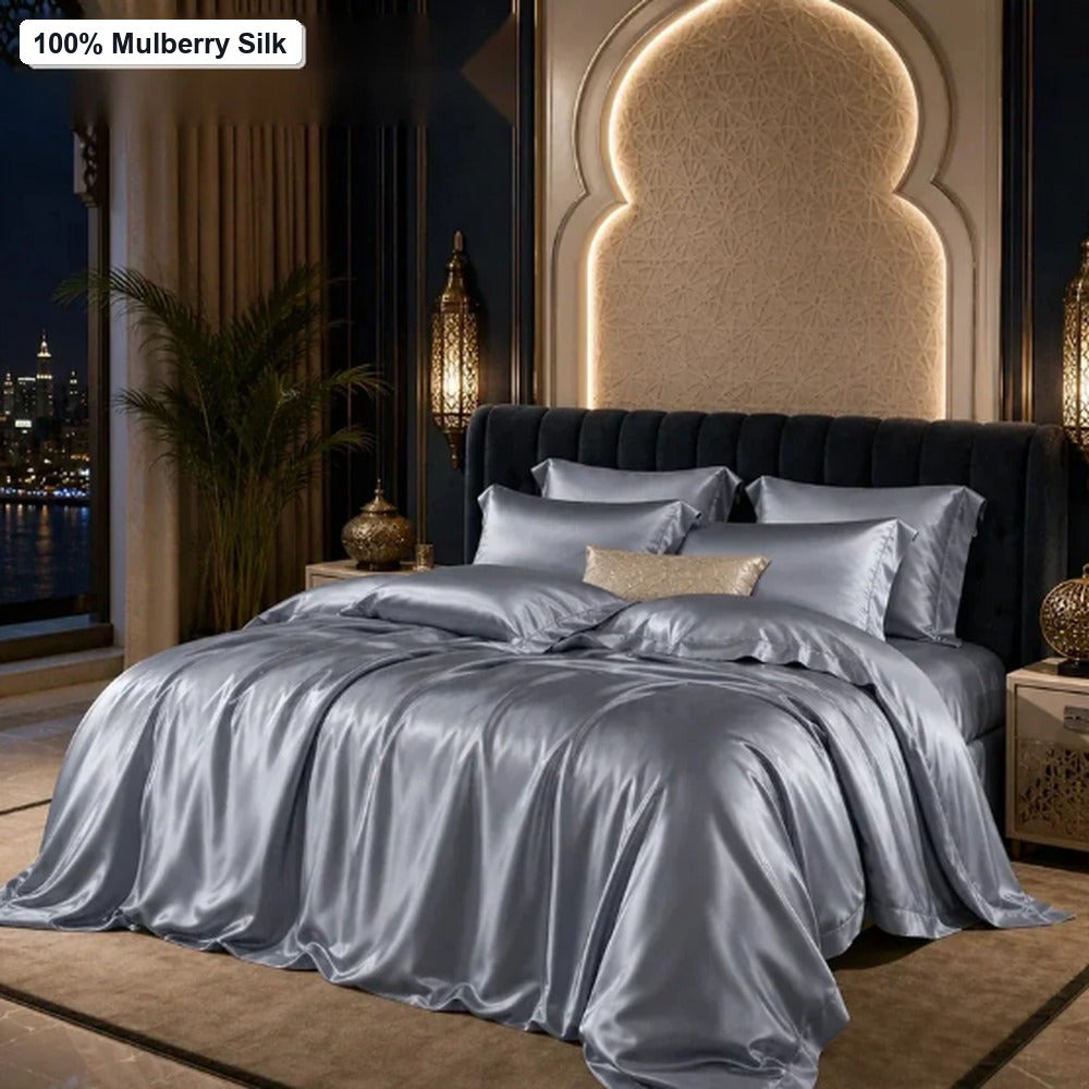 Blue grey 40 momme mulberry silk 4-piece bedding set for luxury Middle East bedrooms