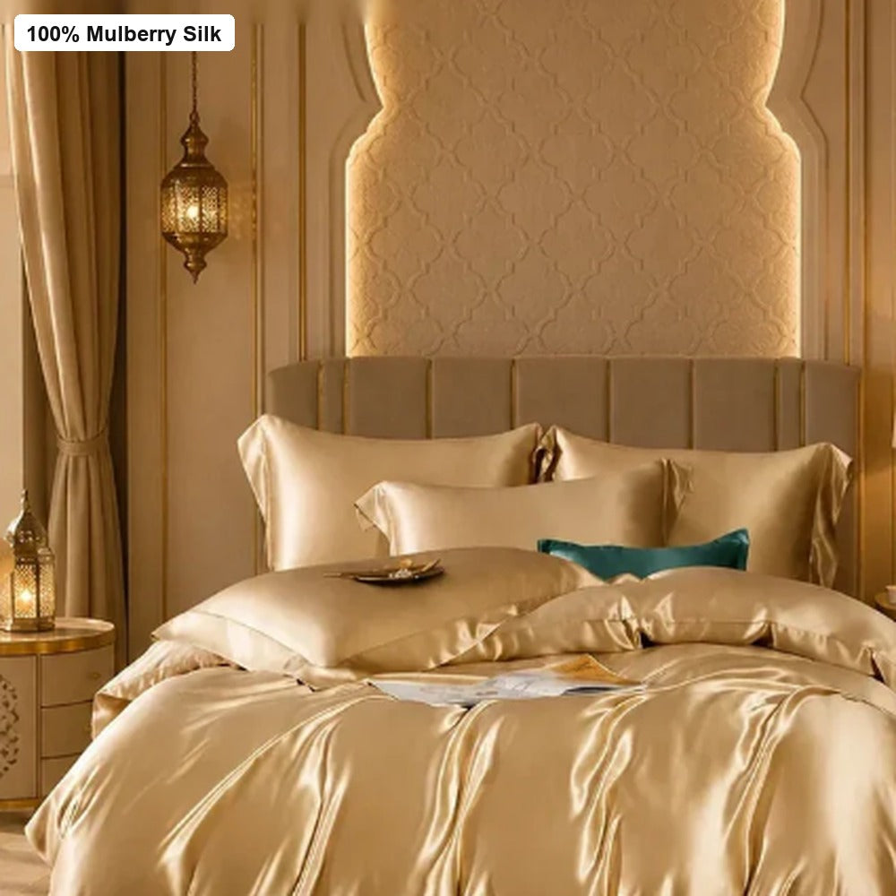 Ivory gold beige gold 40 momme mulberry silk 4-piece bedding set without watermark for luxury Middle East bedrooms