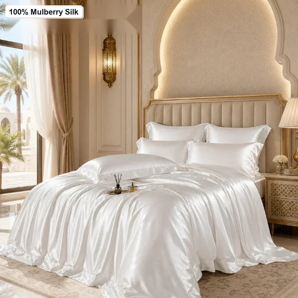 Pearl white 40 momme mulberry silk 4-piece bedding set for luxury Middle East bedrooms