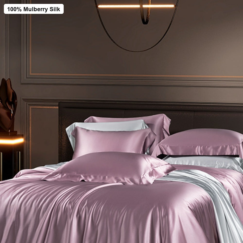 Purple 40 momme mulberry silk 4-piece bedding set without watermark for luxury Middle East bedrooms
