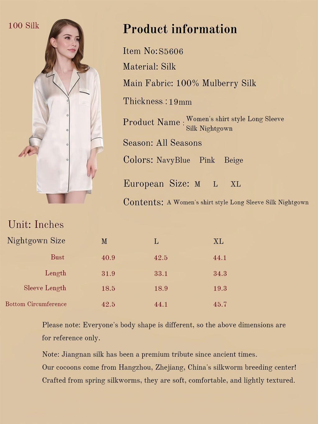 Women's shirt style Long Sleeve Silk Nightgown