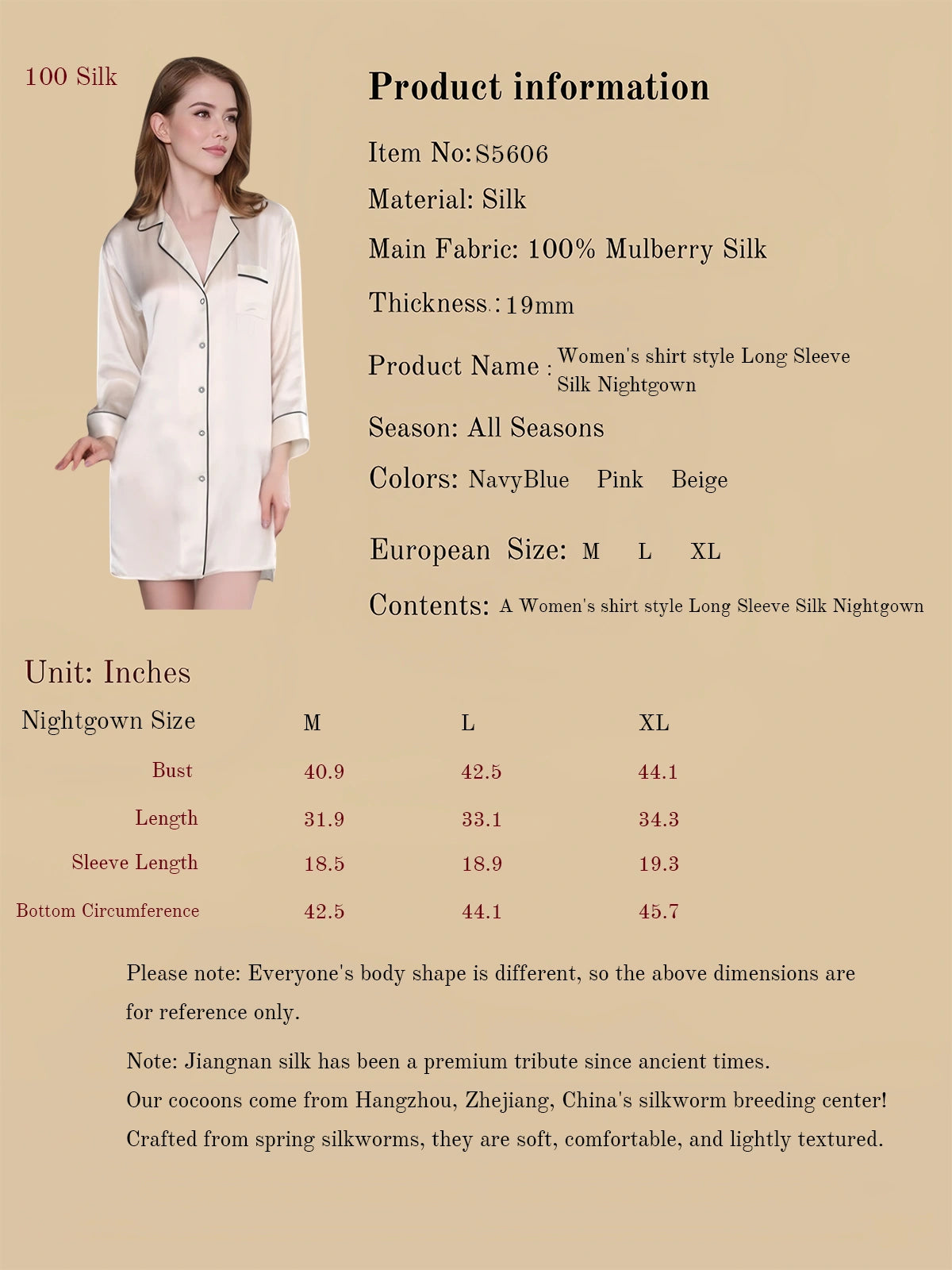 Women's shirt style Long Sleeve Silk Nightgown