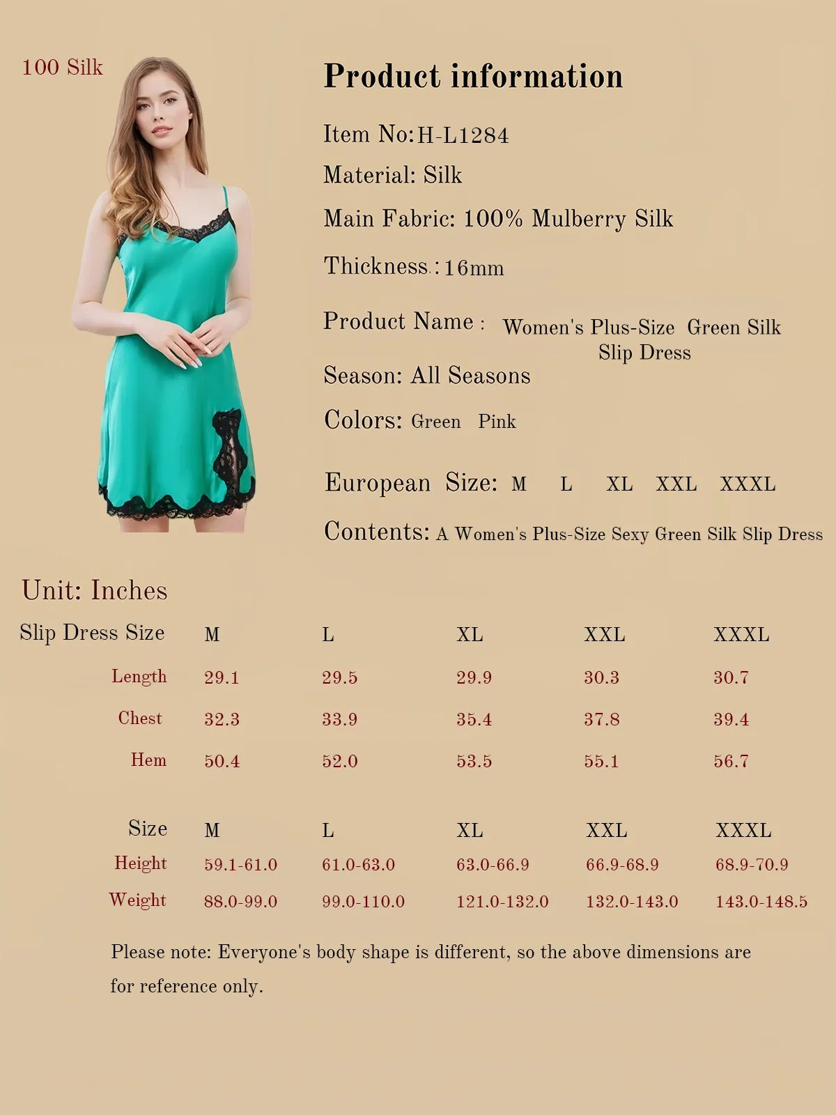 Women's Plus-Size  Green Silk Slip Dress