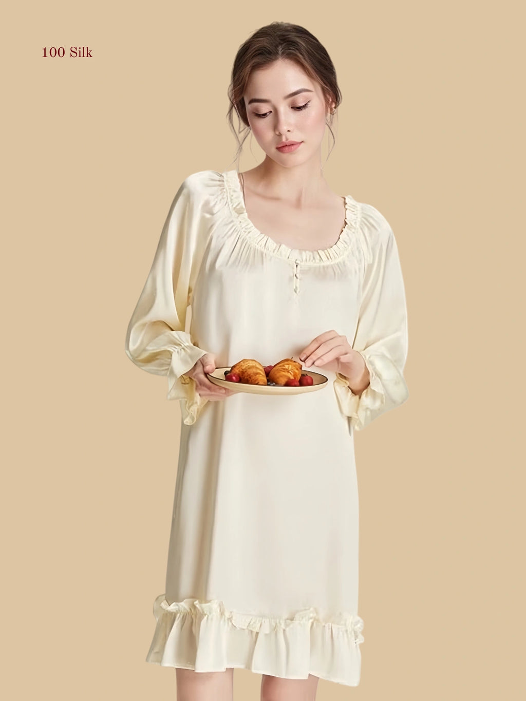 Off-White 16 Momme silk midi dress featuring a textured U-neck and tiered scalloped hem | Silkgala