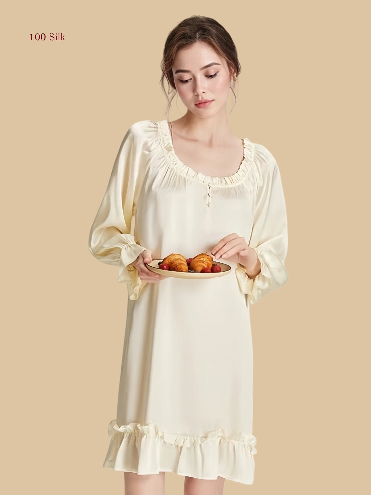 Off-White 16 Momme silk midi dress featuring a textured U-neck and tiered scalloped hem | Silkgala