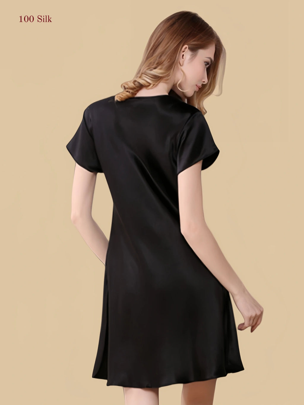 black 16mm silk sleep dress front view with lace-trim V-neck and short sleeves