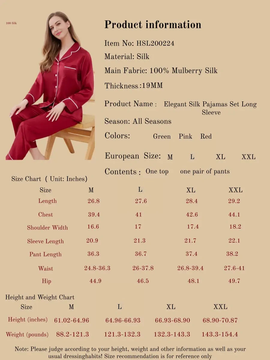 Elegant Silk Pajamas Set Long Sleeve