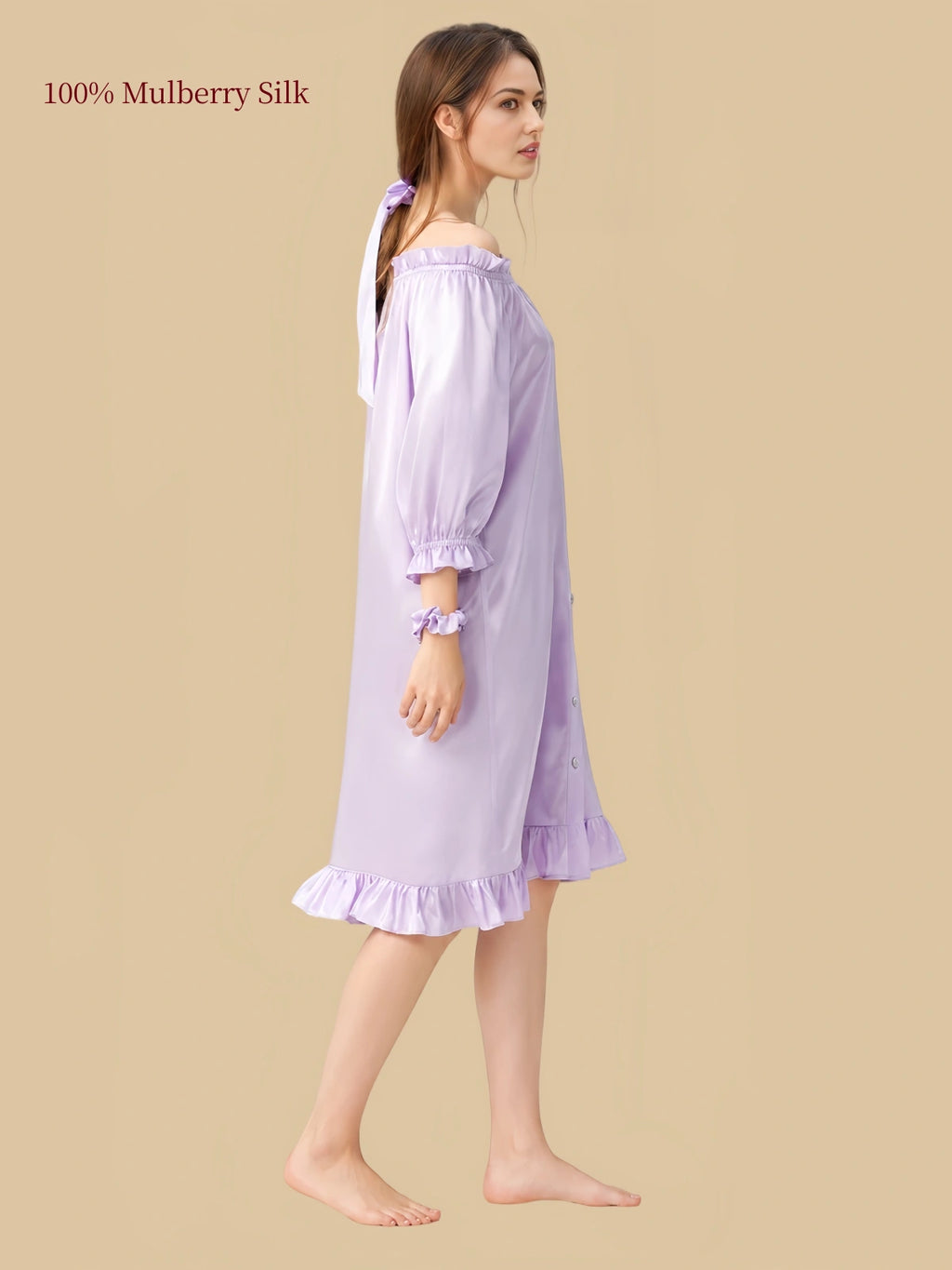 16 Momme Mulberry Silk Sleep Dress | Off-Shoulder Puff Sleeve Princess Nightgown