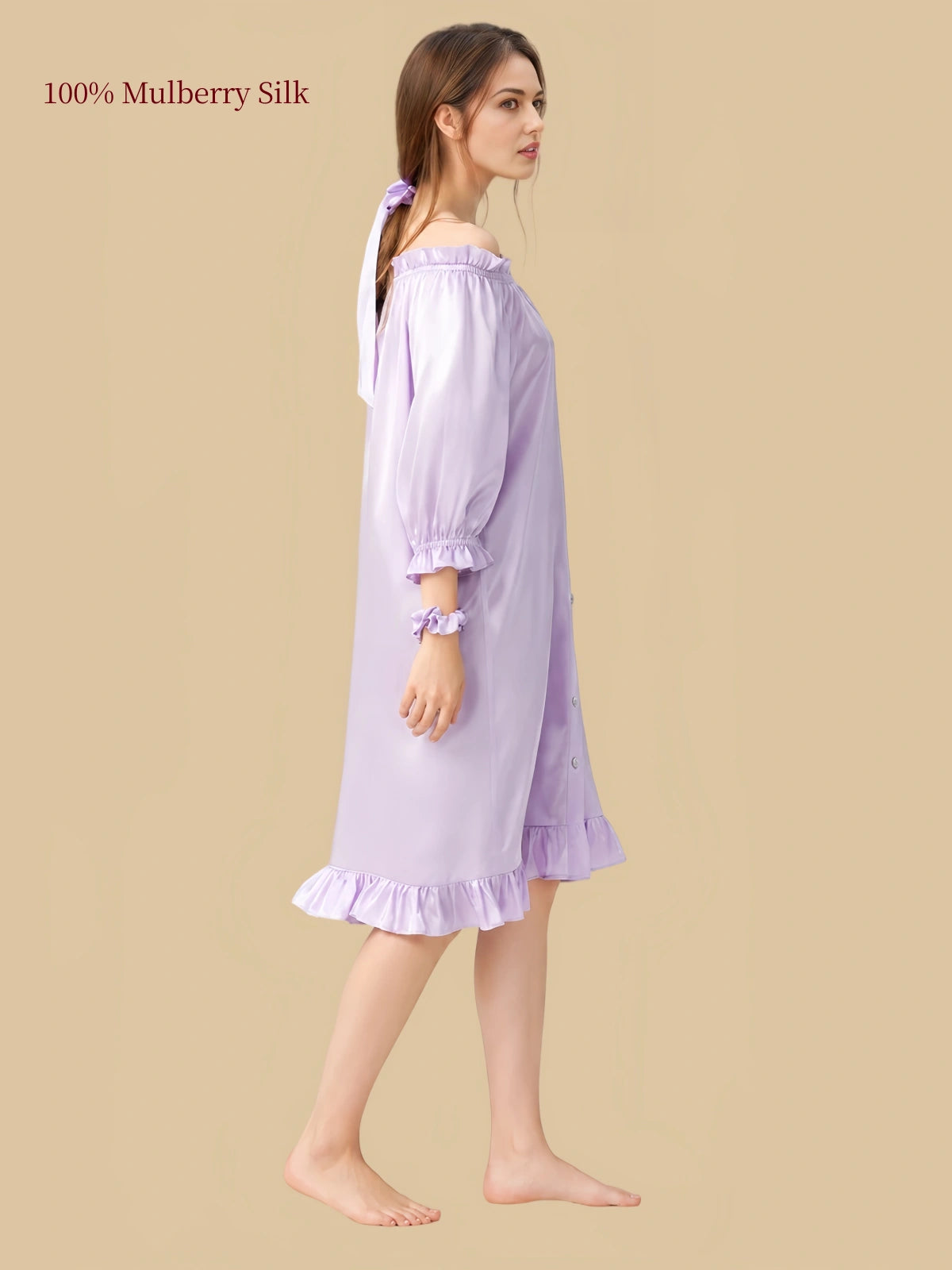 16 Momme Mulberry Silk Sleep Dress | Off-Shoulder Puff Sleeve Princess Nightgown