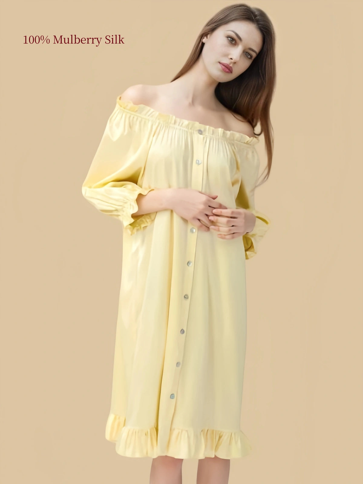 16 Momme Mulberry Silk Sleep Dress | Off-Shoulder Puff Sleeve Princess Nightgown
