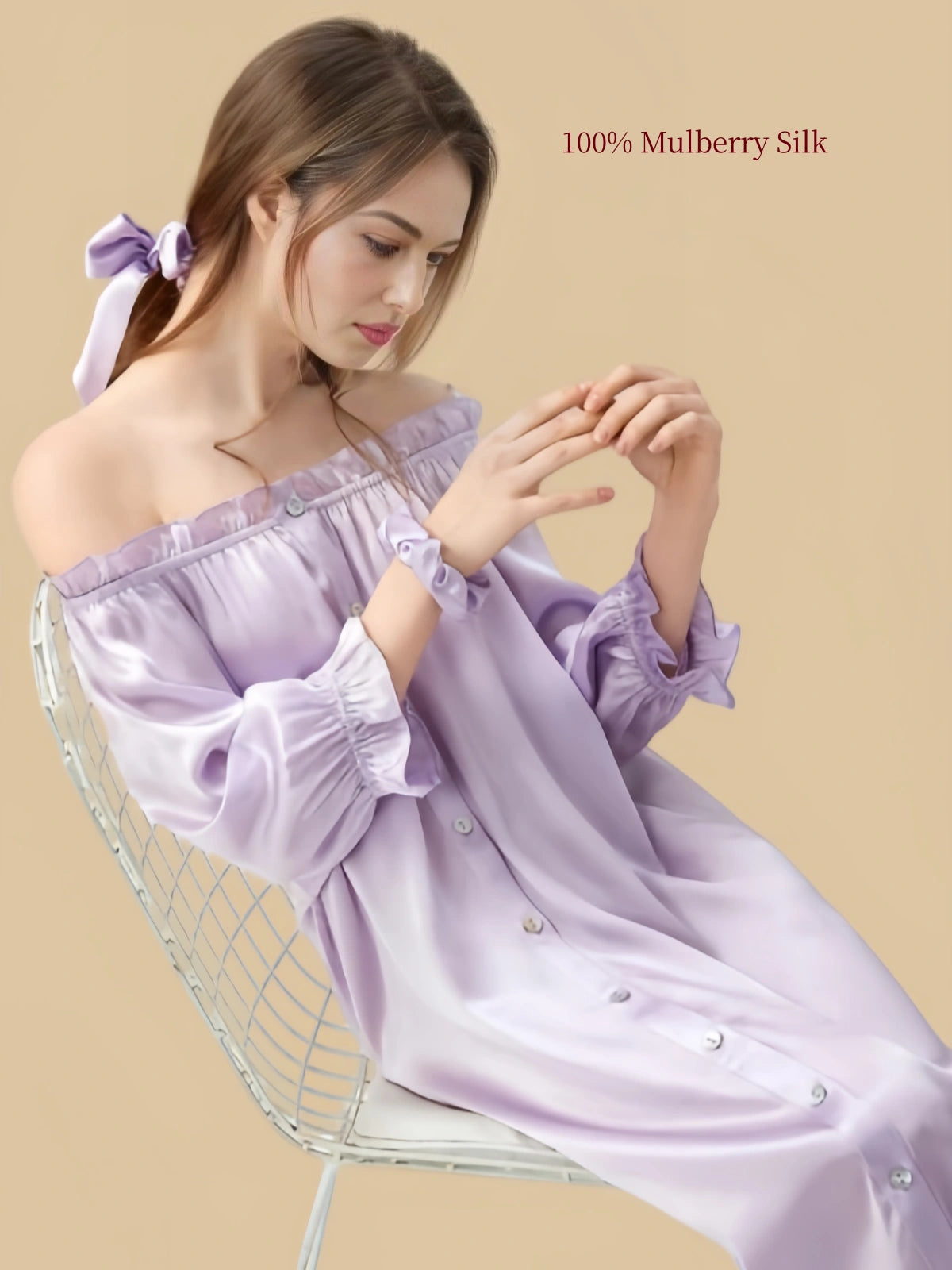 16 Momme Mulberry Silk Sleep Dress | Off-Shoulder Puff Sleeve Princess Nightgown