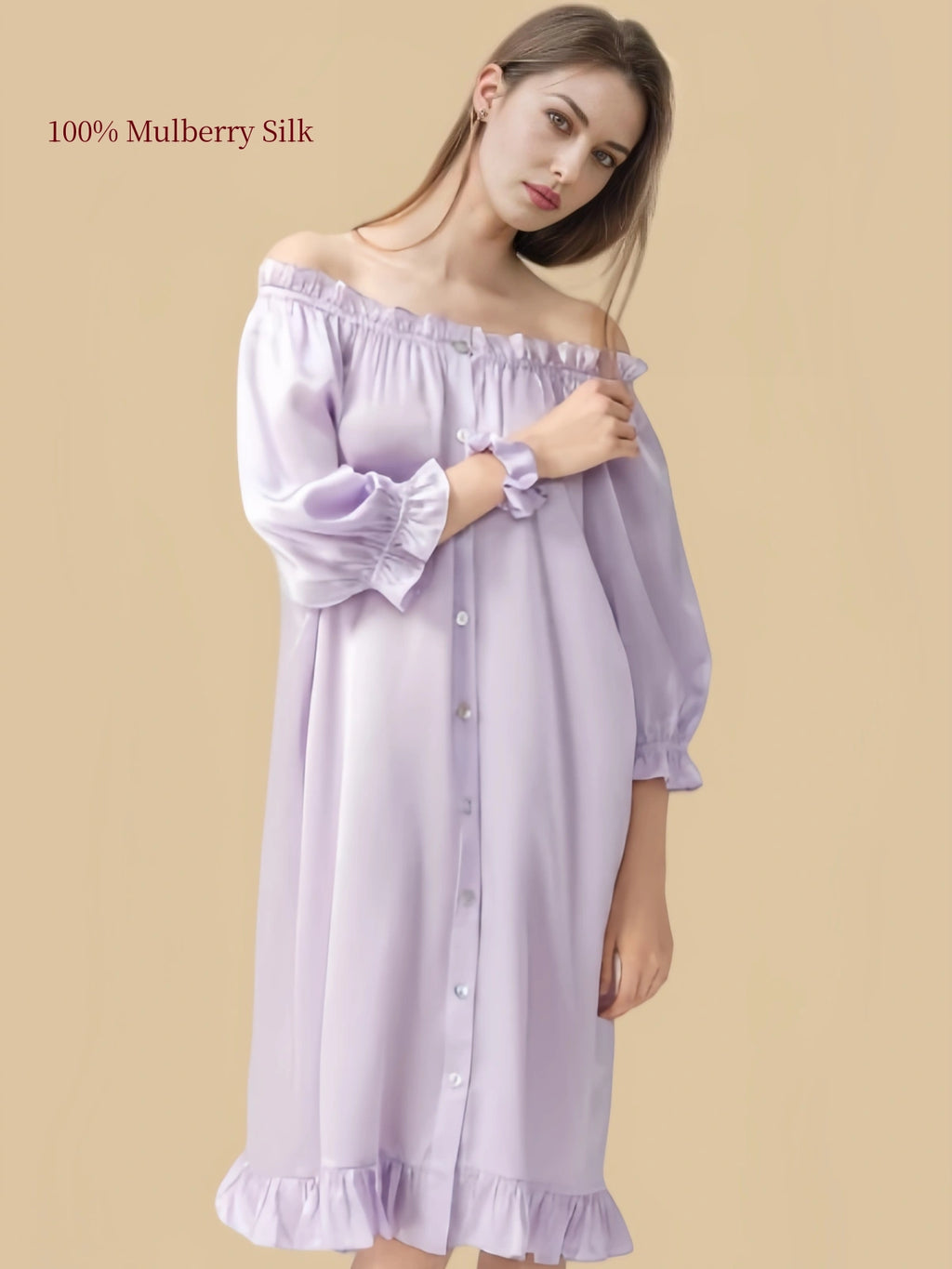 16 Momme Mulberry Silk Sleep Dress | Off-Shoulder Puff Sleeve Princess Nightgown