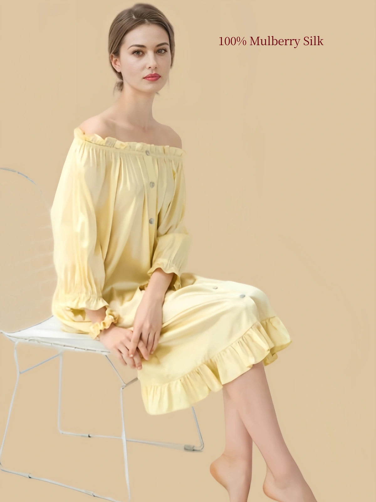 16 Momme Mulberry Silk Sleep Dress | Off-Shoulder Puff Sleeve Princess Nightgown