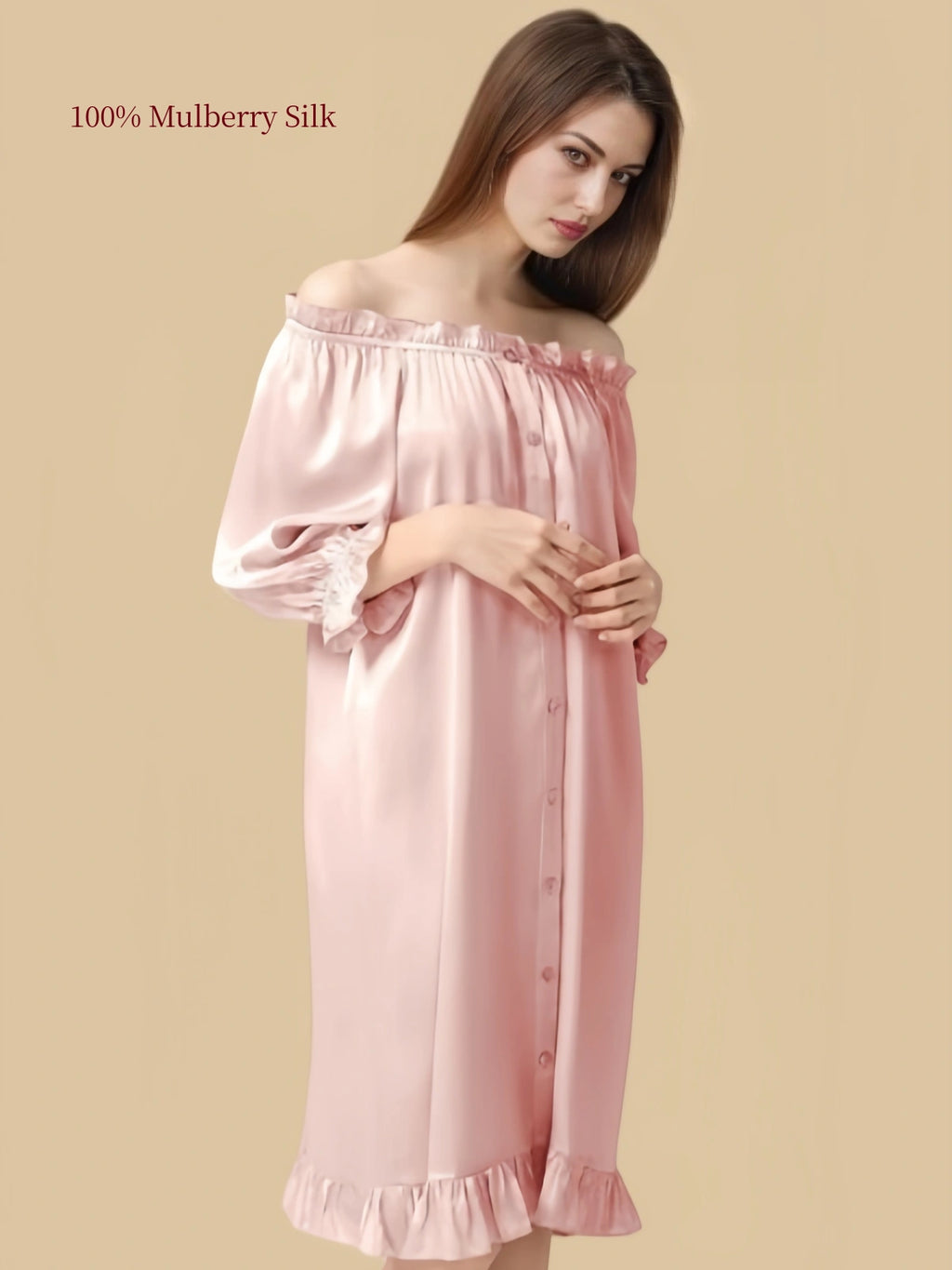16 Momme Mulberry Silk Sleep Dress | Off-Shoulder Puff Sleeve Princess Nightgown
