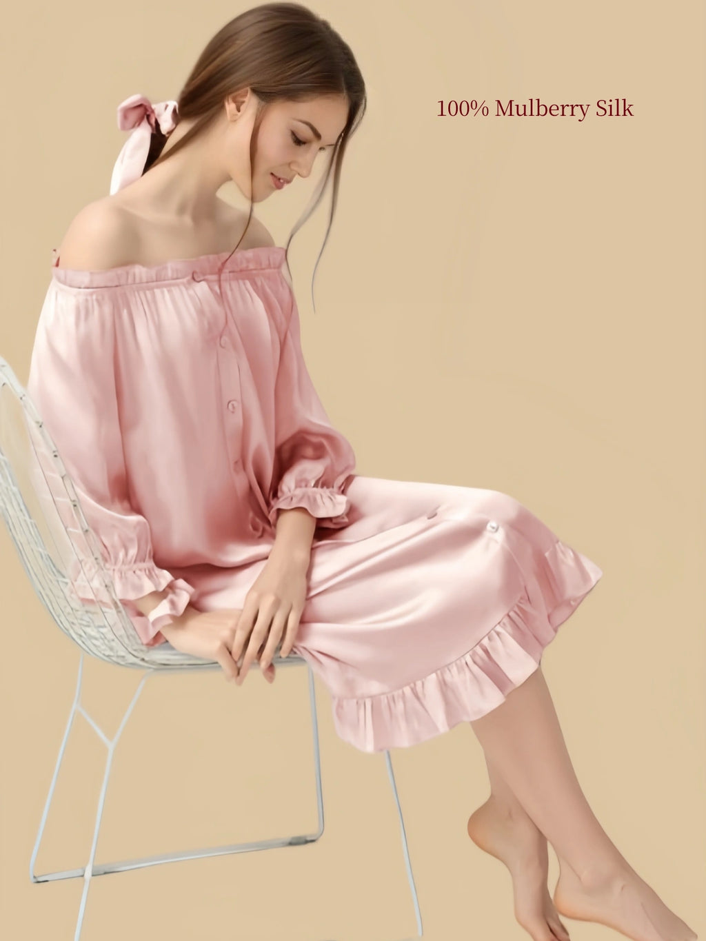16 Momme Mulberry Silk Sleep Dress | Off-Shoulder Puff Sleeve Princess Nightgown