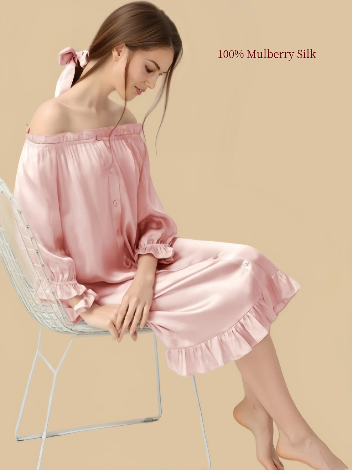 16 Momme Mulberry Silk Sleep Dress | Off-Shoulder Puff Sleeve Princess Nightgown