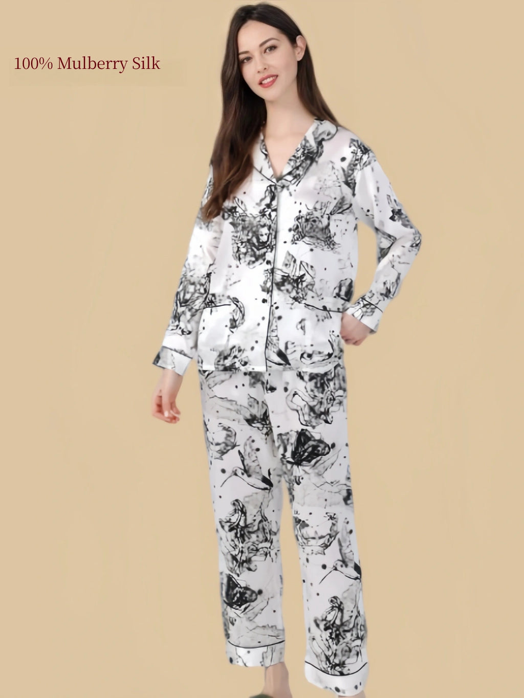 Silkgala 19 Momme mulberry silk pajama set in Huase with black-and-white ink-wash print, notched collar, front pockets and matching pants.