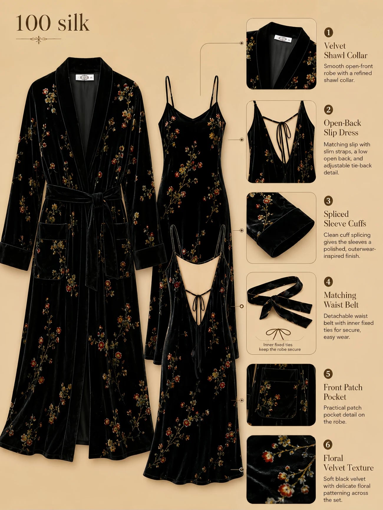 Black silk velvet robe set with floral velvet texture, shawl collar, detachable waist belt, inner fixed ties, patch pockets, spliced sleeve cuffs, and matching open-back slip dress shown in a flat-lay product detail image.