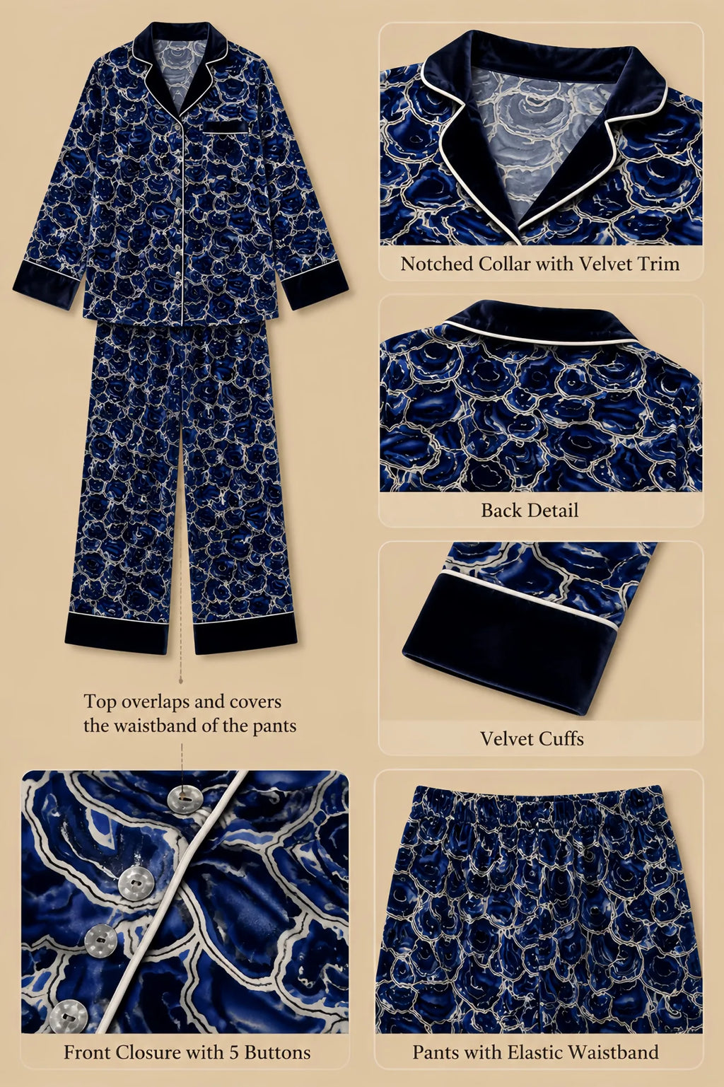 Blue velvet trouser set with agate swirl print, notched dark velvet collar, five-button front, chest welt pocket, velvet cuff bands, and full-length straight trousers shown in a flat-lay product detail image.
