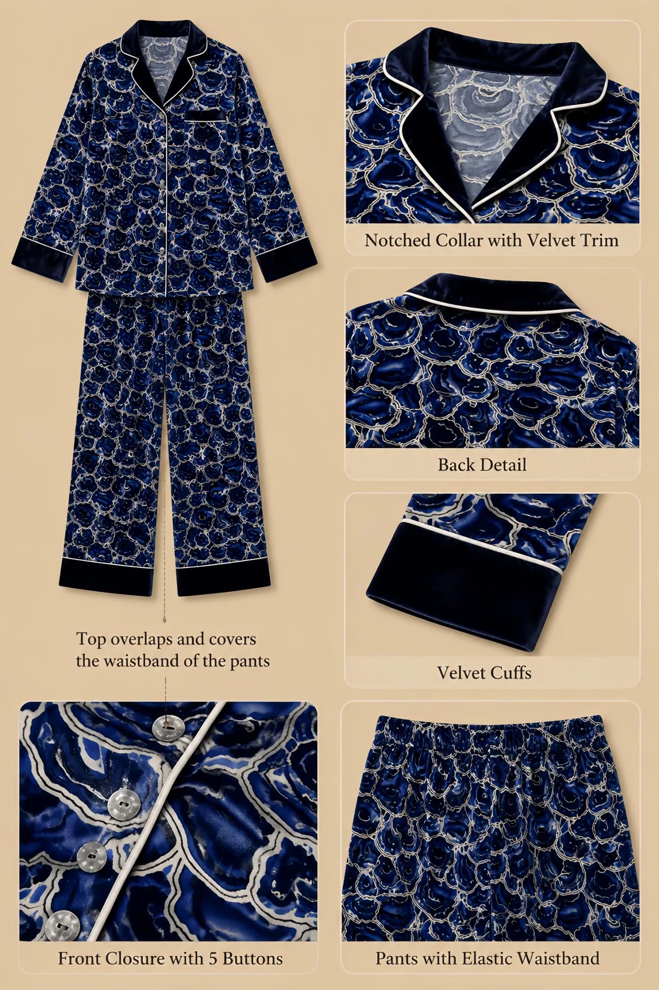 Blue velvet trouser set with agate swirl print, notched dark velvet collar, five-button front, chest welt pocket, velvet cuff bands, and full-length straight trousers shown in a flat-lay product detail image.