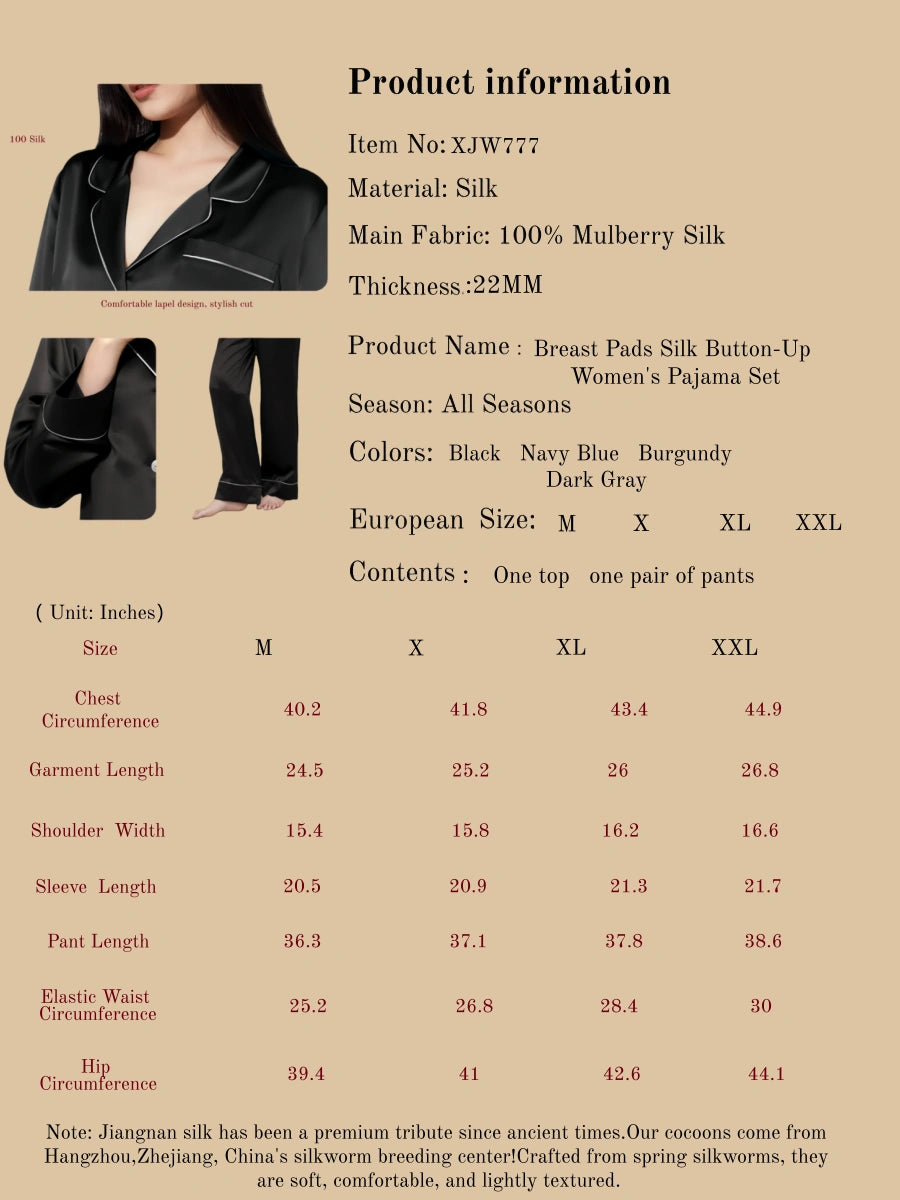 Breast Pads Silk Button-Up Women's Pajama Set