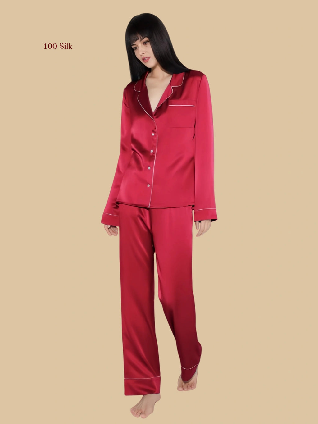 Breast Pads Silk Button-Up Women's Pajama Set