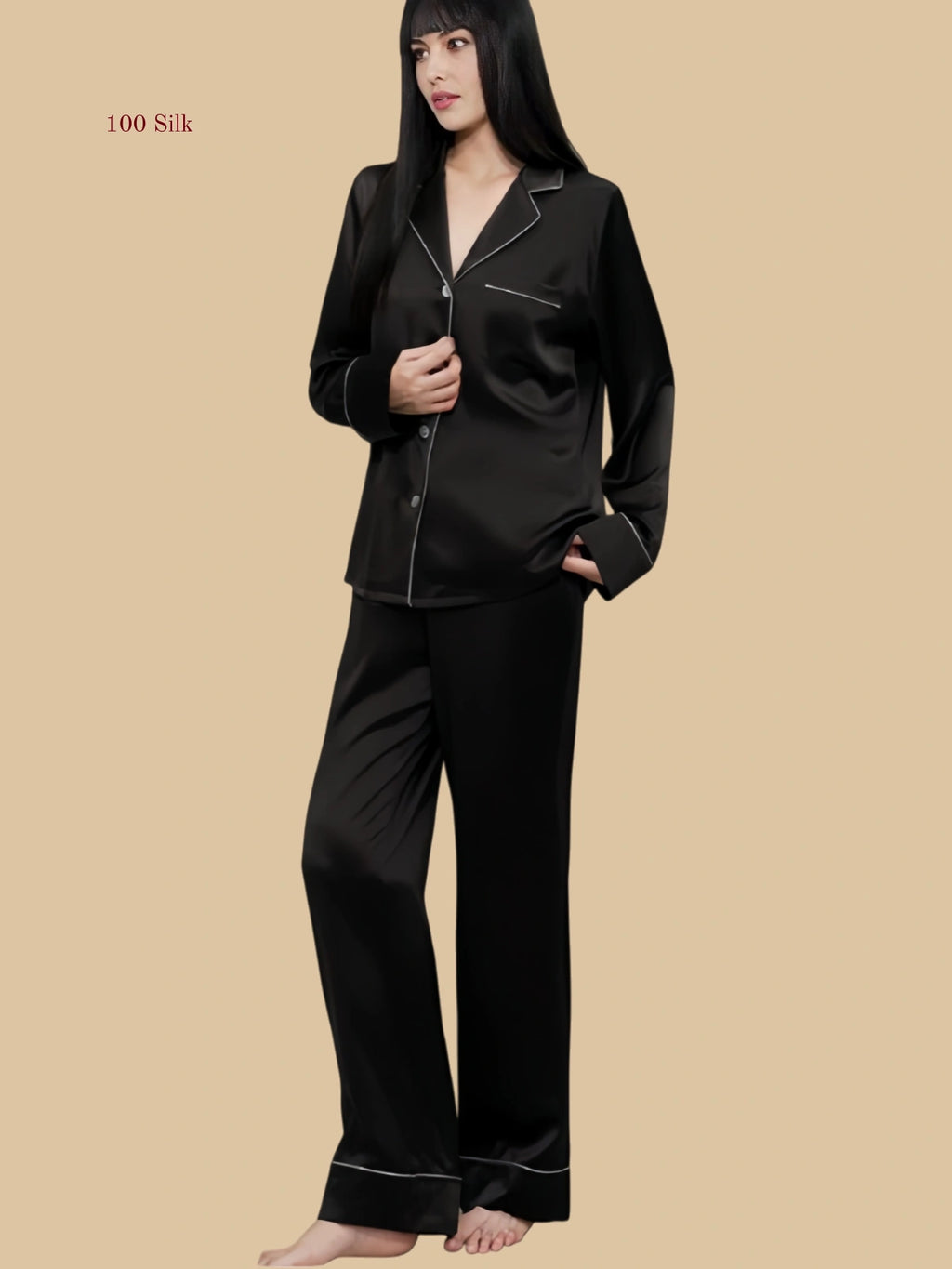 Breast Pads Silk Button-Up Women's Pajama Set