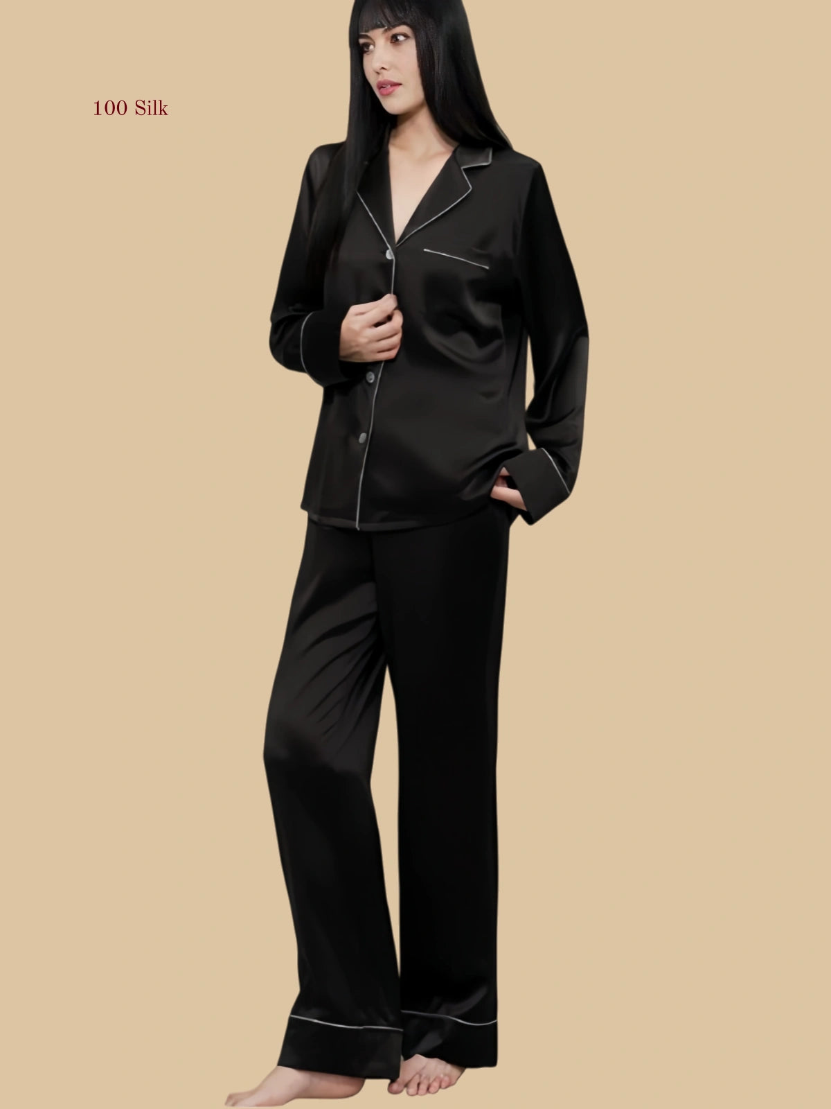 Breast Pads Silk Button-Up Women's Pajama Set