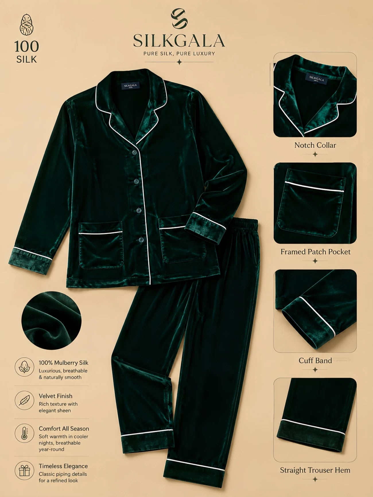 Silkgala green cardigan pajama set detail image featuring a silk-base velvet construction, notched collar, button-front top, framed patch pockets, cuff bands, and straight-leg pants.