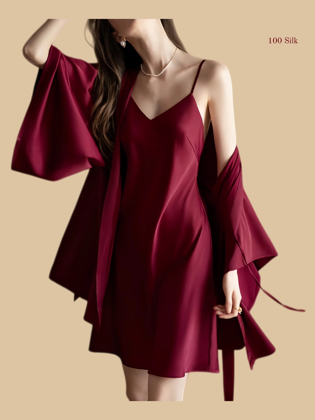 Burgundy 19mm silk slip set front view with matching robe and clean V-neck slip