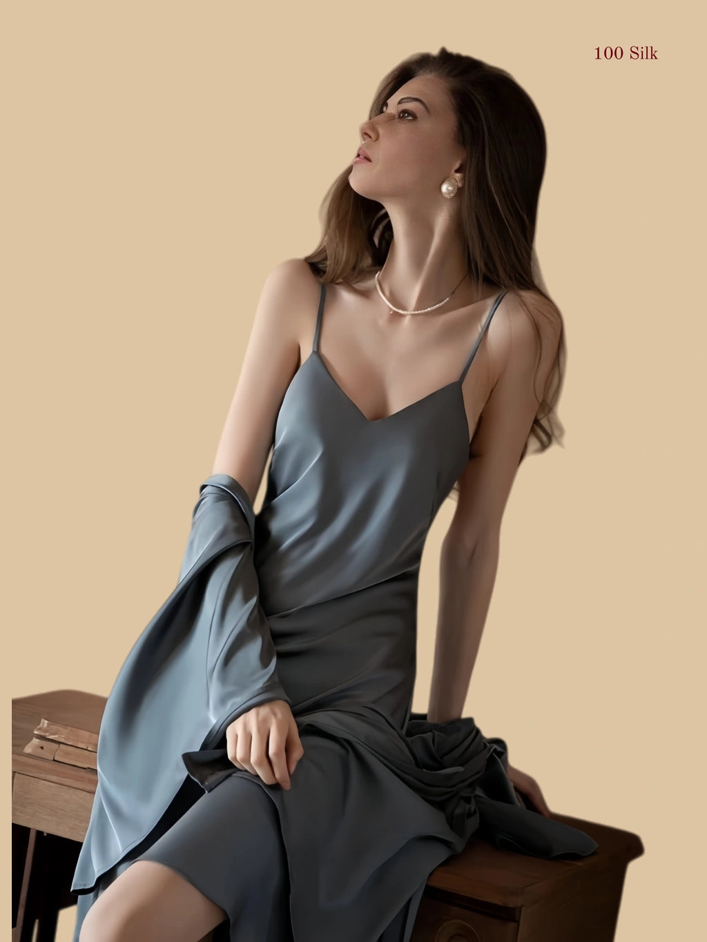 Grayish blue  19mm silk slip set front view with matching robe and clean V-neck slip