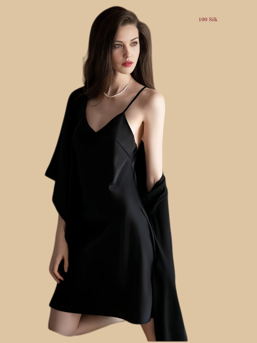 Black 19mm silk slip set front view with matching robe and clean V-neck slip