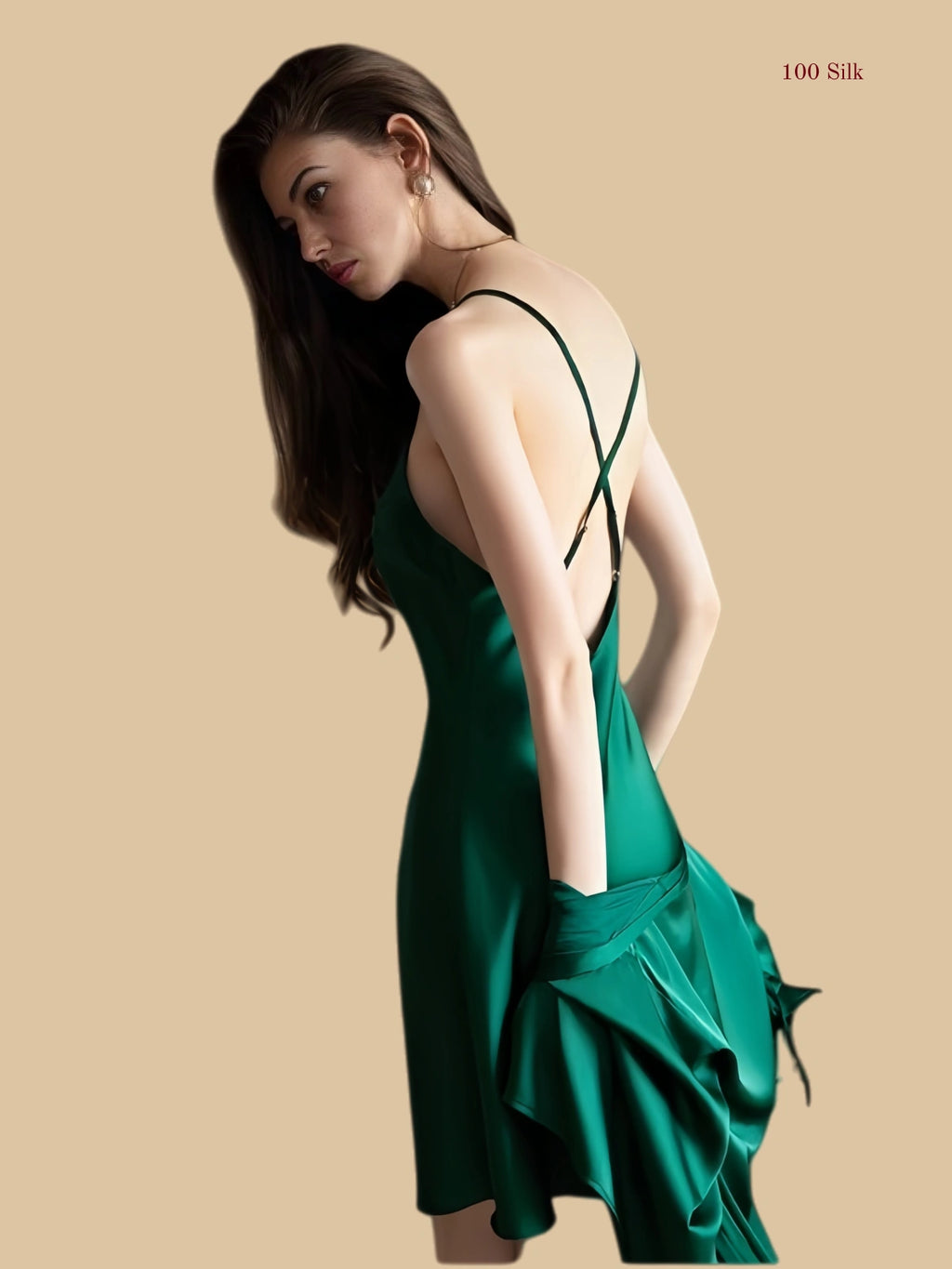Emerald green 19mm silk slip back view with crossed straps and smooth back line