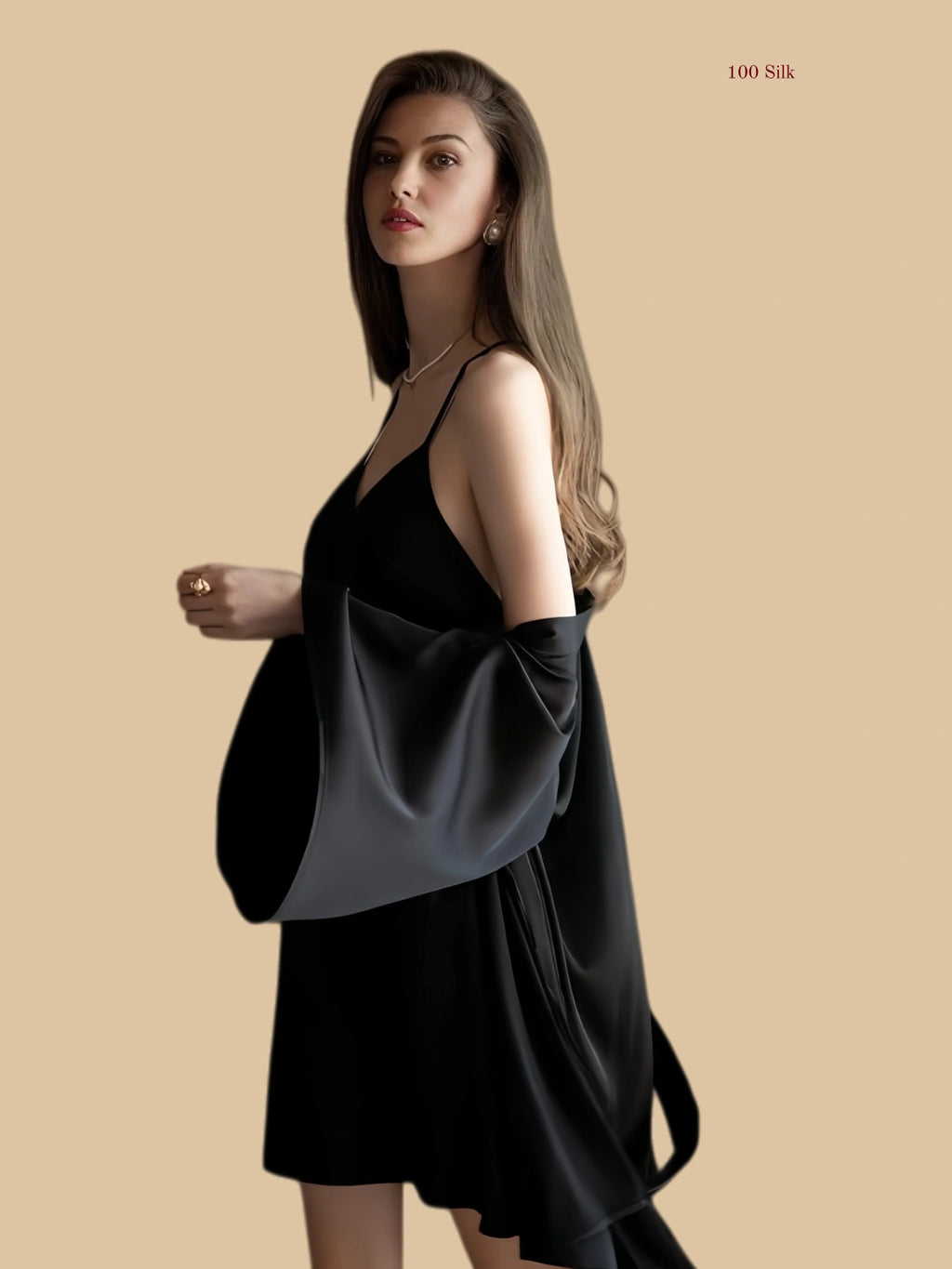 Black 19mm silk slip set side view with fluid robe and sleek mini slip