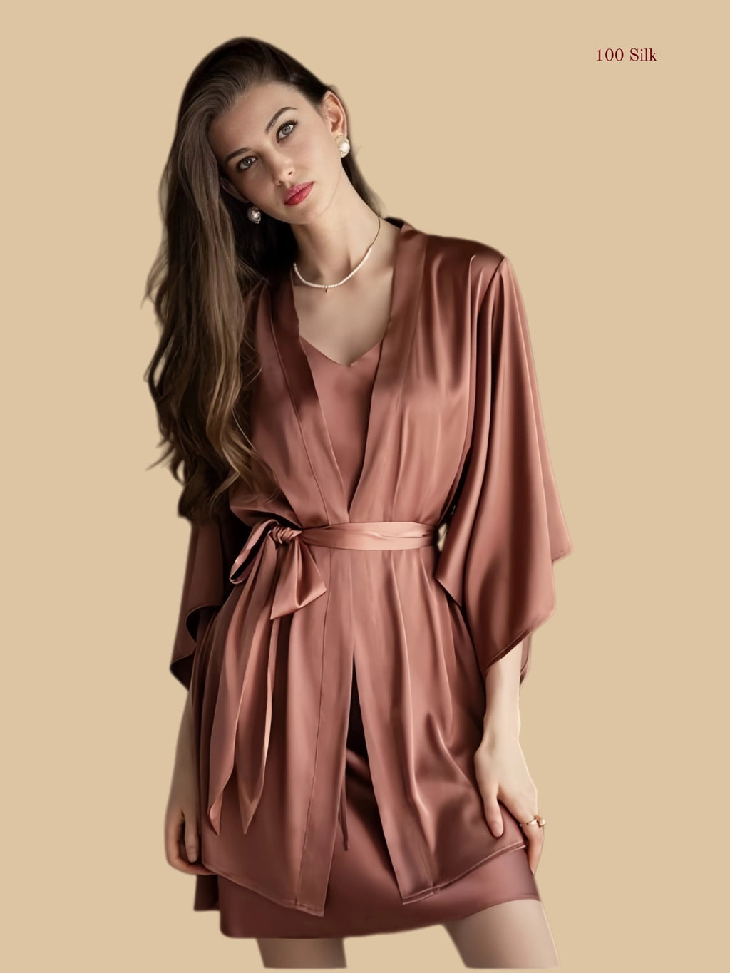Caramel red 19mm silk slip set front view with matching robe and clean V-neck slip