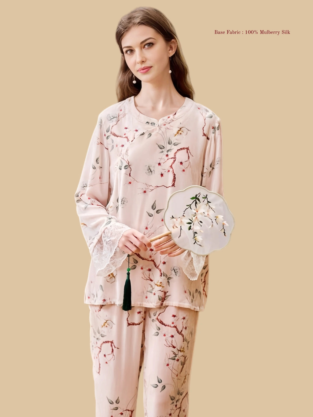 Pink heavyweight velvet home set front view with Chinese blossom print and lace-trim cuffs