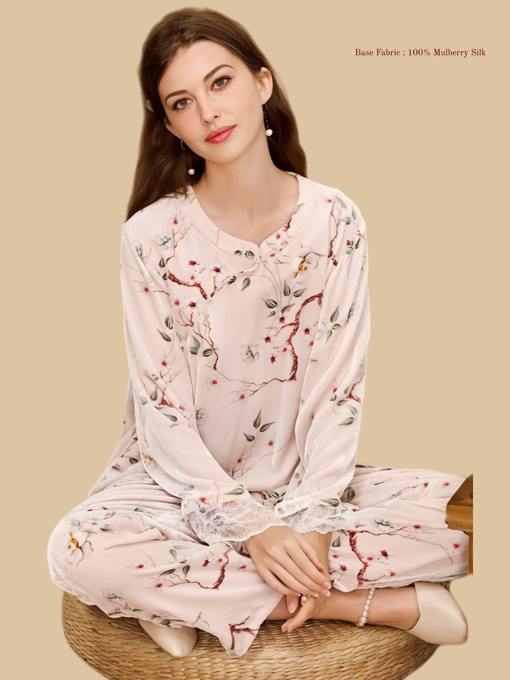 Pink heavyweight velvet home set seated view with blossom branch print and straight trousers