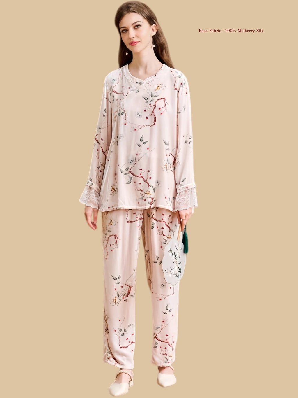 Pink heavyweight velvet home set front view with Chinese blossom print and lace-trim cuffs