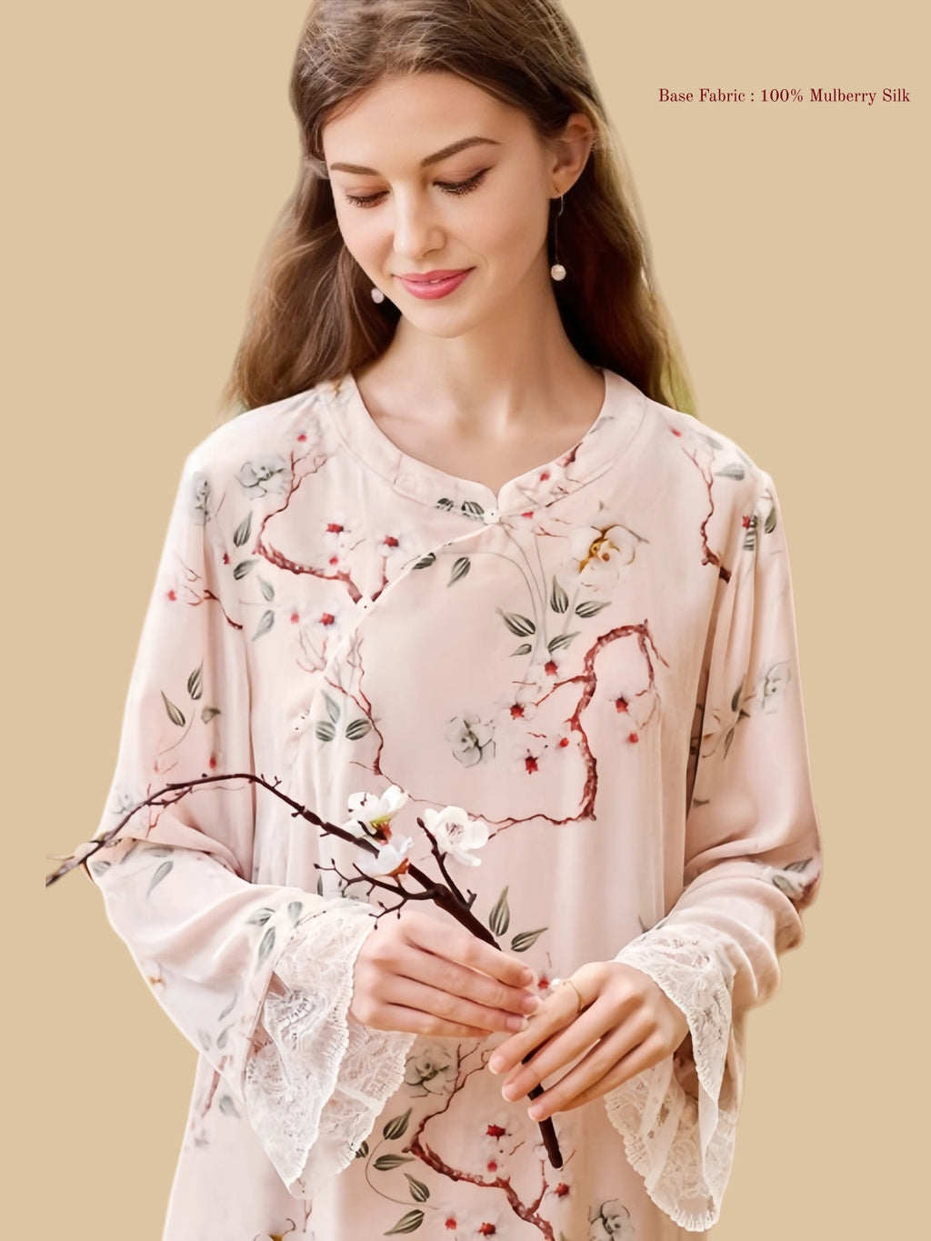 Pink heavyweight velvet home set close view with soft round neckline and printed velvet surface